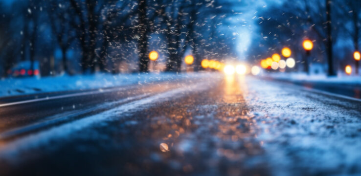 blurred snowy road during a snowstorm on a winter night