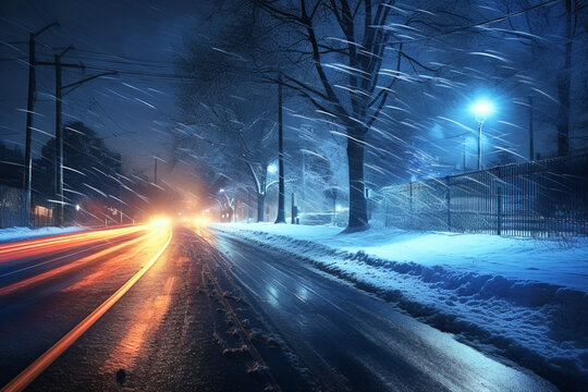 snowy road during a snowstorm on a winter night