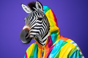 Fototapeta na wymiar Portrait of a zebra wearing a raincoat and an umbrella in studio, colorful background. Autumn concept. Generative AI
