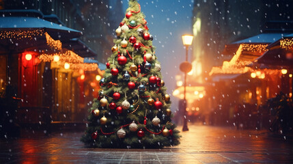 Beautiful decorated Christmas tree in middle of streets - ai generative