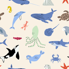 Sea animals seamless pattern. Cute aquatic fish, turtle, whale, narwhal, dolphin, octopus, starfish, crab, jellyfish, seal and other. Kids vector background.