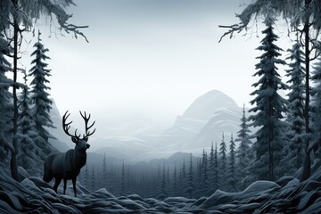 A customizable Christmas banner for creative content, featuring space for personalization alongside a depiction of a reindeer against a backdrop of a snow-covered forest. Photorealistic illustration