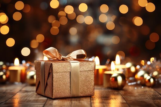A Christmas background image tailored for creative content, highlighting a gift wrapped with a gold ribbon, surrounded by the warm glow of blurred candlelights. Photorealistic illustration