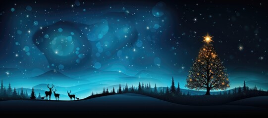 A wide-format Christmas background image, featuring silhouettes of reindeers, a forest, a starry sky, and a towering Christmas tree, creating a magical and festive atmosphere. Illustration