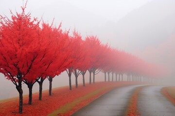 Alley in the fog with beautiful red trees with.