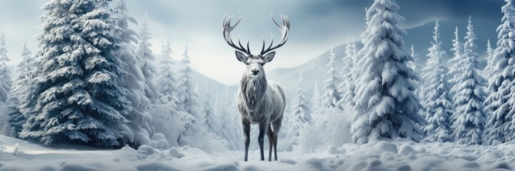 A Christmas background image, featuring a contemplative reindeer gazing in a snow-blanketed forest, creating an enchanting scene. Photorealistic illustration
