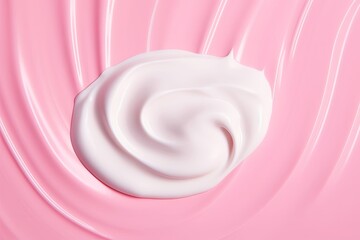 The texture of white cream on pink background. A smear of moisturizer closeup. Lotion swatch. Beauty, skin care product smear smudge drop. SPF sunscreen cream, Generative AI