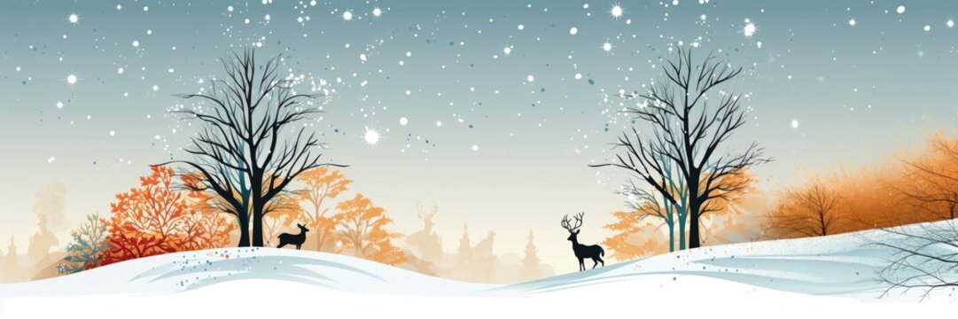 A wide-format Christmas background image, capturing the beauty of a snowy forest with the elegant silhouettes of reindeers, creating a magical and festive ambiance. Illustration