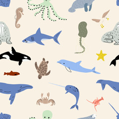 Sea animals seamless pattern. Cute aquatic fish, turtle, whale, narwhal, dolphin, octopus, starfish, crab, jellyfish, seal and other. Kids vector background.