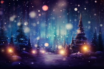 Stylish magical forest with Christmas trees and glowing bokeh lights Generative AI
