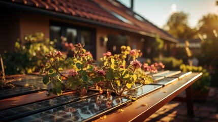 Naklejka na ściany i meble View of solar panels on house roof with sunlight
