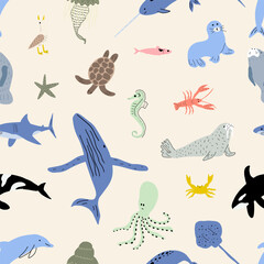 Sea animals seamless pattern. Cute aquatic fish, turtle, whale, narwhal, dolphin, octopus, starfish, crab, jellyfish, seal and other. Kids vector background. © Anna Eshka
