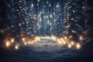 Stylish magical forest with Christmas trees and glowing bokeh lights Generative AI