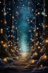 Fototapeta na wymiar Stylish magical forest with Christmas trees and glowing bokeh lights Generative AI