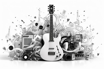 white background musical style theme abstract musical instruments 3d mockup.
