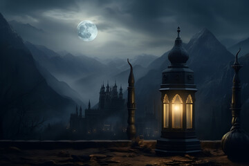 Obraz premium Arabic lantern on the background of the night sky with the moon 1