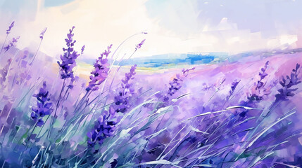 Fototapeta premium lavender field watercolor delicate drawing.