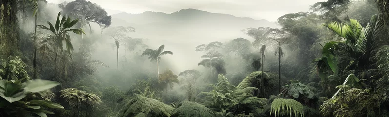Rugzak panorama of the rainforest tree tops in the fog. © kichigin19