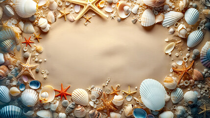 Fototapeta premium Beach background with seashells as advertisement template. Postproducted generative AI illustration.