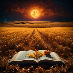 beautiful open book in the halloween wheat field with attractive light and details 