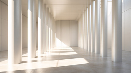 Fototapeta premium The sun's rays penetrate the columns within a lengthy, white corridor of a cutting-edge, geometric concrete structure.