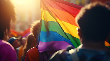 closeup view of pride parade, pride flag