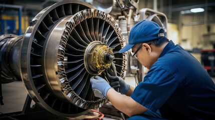 technician working in a workshop on aircraft turbine