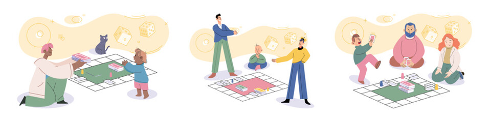 Game together. Family fun. Friendship time. Vector illustration. People playing games together foster sense of camaraderie and teamwork The joy and laughter that fill room during friends game night