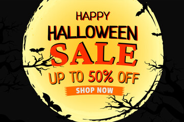 Halloween Sale Poster Design with full moon on black Background.