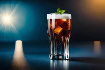 freshing cola drink with ice cubes poured in glass with lemon and mint 