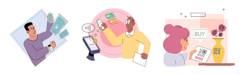 Cashless payment. Vector illustration. Cashless transactions contribute to reducing risk of theft or loss associated with carrying cash Mobile wallets cstore multiple payment methods for added