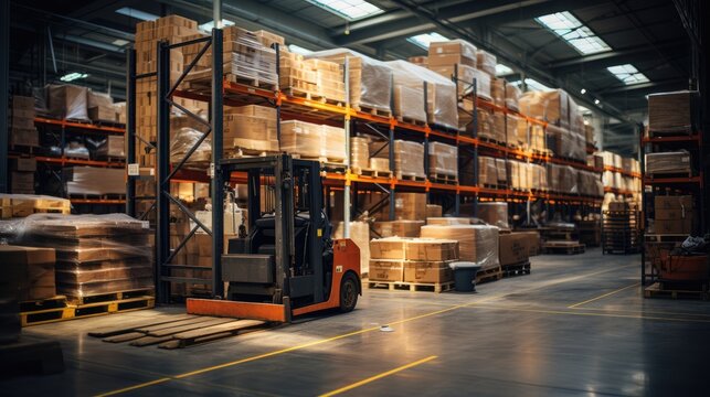warehouse with racks, pallets and forklifts
