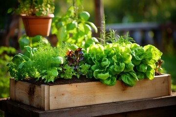 Cultivating garden veggies and herbs in a wooden planter for a nutritious homegrown meal. Generative AI