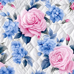 Seamless pattern roses quilted coverlets in blue pink, in the style of white background, ethereal foliage