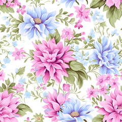 Fototapeta na wymiar Seamless pattern purple, pink, and blue floral sheet in linen fabric, in the style of light sky - blue and light white