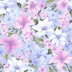 Seamless pattern purple, pink, and blue floral sheet in linen fabric, in the style of light sky - blue and light white