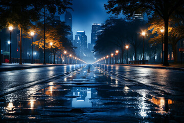 Fototapeta na wymiar Rainy and empty street intersection at night