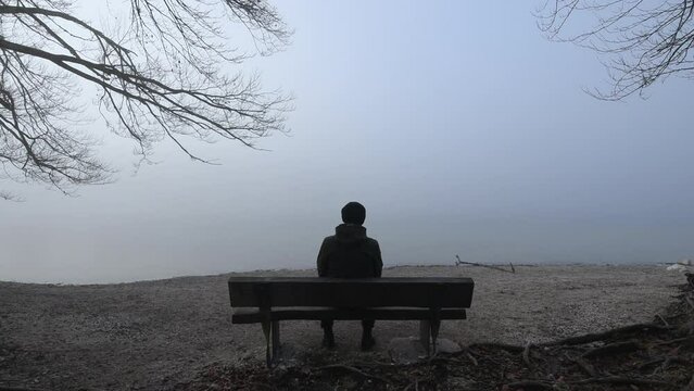 Rear view of alone male person sitting on the bench at the lake shoreline in foggy morning