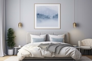 Contemporary bedroom with a white frame for poster mock-up. Generative AI
