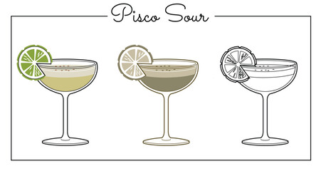 Alcohol drinks line art illustration. Vector illustration Pisco Sour