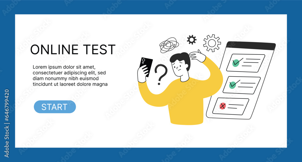 Poster online test banner, start testing button, internet exam ui layout page, web page with vector illustr