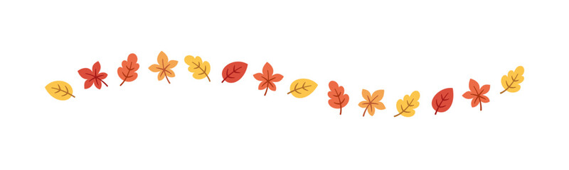 Autumn leaves separator border in orange and red colors for Fall and Thanksgiving season. Vector isolated on white background.