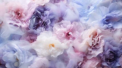 Flowers out of ice evaporating into a soft smoke,. Blooms dissolving into a gentle mist. Pastel colors in winter blue, pale pink and white. Seasonal feeling, concept of transformation, different stade