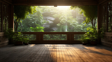 Balcony of house surrounded by nature in a tropical forest - obrazy, fototapety, plakaty
