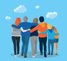 illustration vectorielle représentant une famille unie et solidaire, tournée vers l'avenir se tenant par la taille. Parents, grands parents et enfants se soutiennent 
