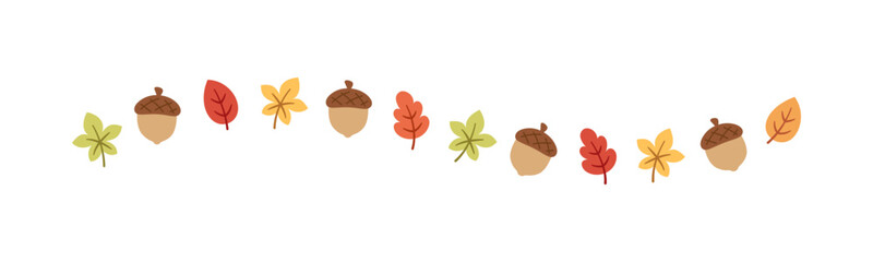 Autumn leaves and acorns separator border for Fall and Thanksgiving season. Vector isolated on white background.