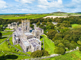 St Davids Cathedral from a drone, St Davids, Haverfordwest, Pembrokeshire, Wales, England - obrazy, fototapety, plakaty
