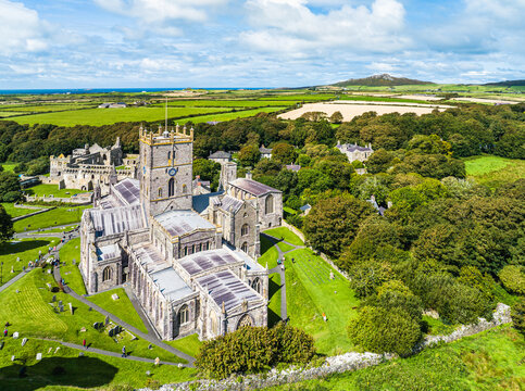 St Davids Cathedral from a drone, St Davids, Haverfordwest, Pembrokeshire, Wales, England