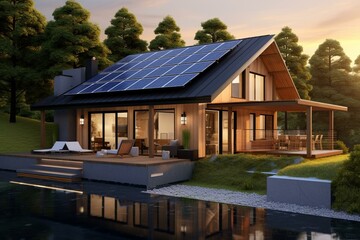 Vacation home with solar modules in planning - 3D visualization. Generative AI