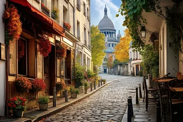 Deurstickers Charming Montmartre street in Paris, featuring iconic architecture and landmarks of the city. A picturesque postcard from Paris. Generative AI © Endellion